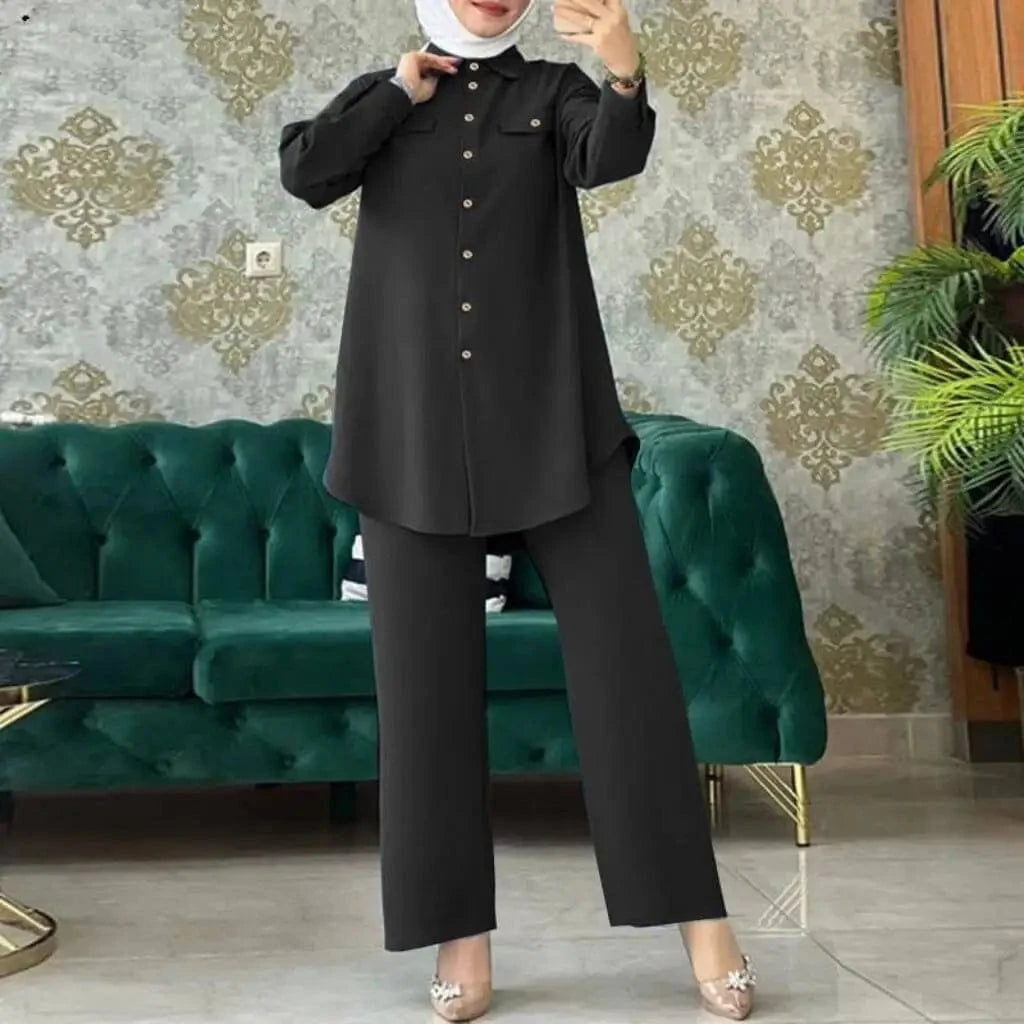 Elegant Pant Sets Muslim Arab Full Sleeve Shirts & Wide Leg Pants Fashion Women Matching Sets Turkish Blouse Urban Tracksuits
