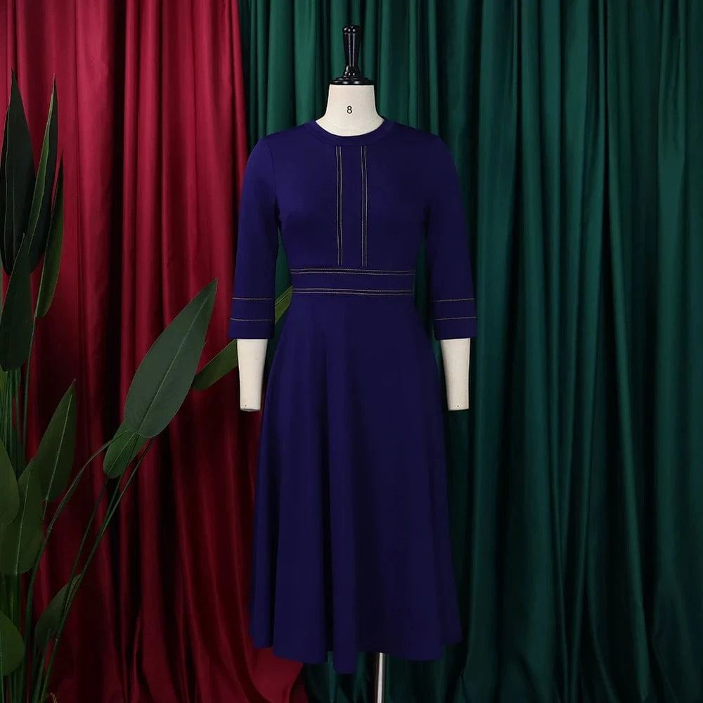 Elegant Party Dresses for Women 2024 Luxury O Neck Three Quarter Sleeve High Waisted Pleated A Line Mid Calf Birthday Dress Robe