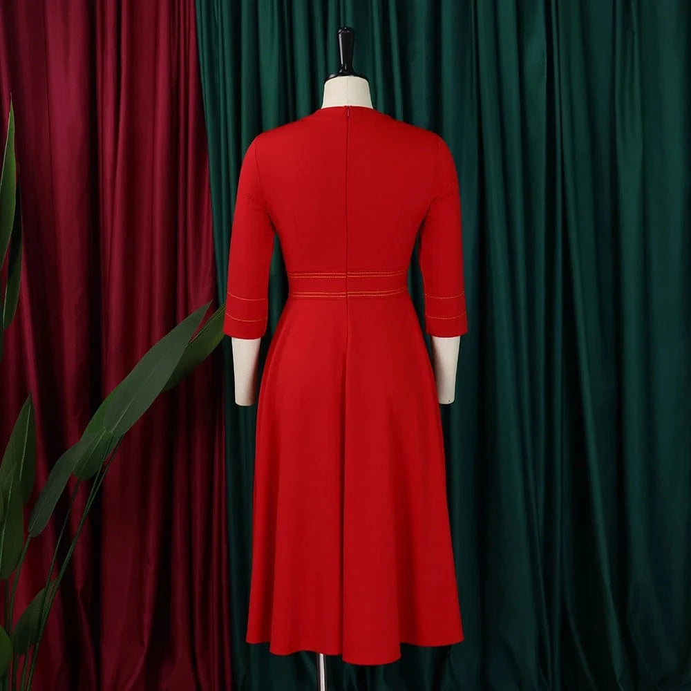 Elegant Party Dresses for Women 2024 Luxury O Neck Three Quarter Sleeve High Waisted Pleated A Line Mid Calf Birthday Dress Robe