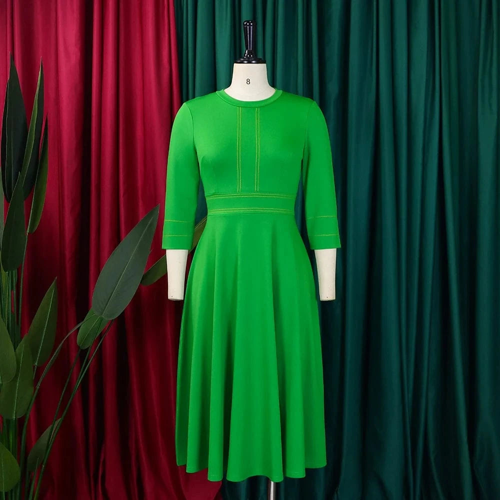 Elegant Party Dresses for Women 2024 Luxury O Neck Three Quarter Sleeve High Waisted Pleated A Line Mid Calf Birthday Dress Robe