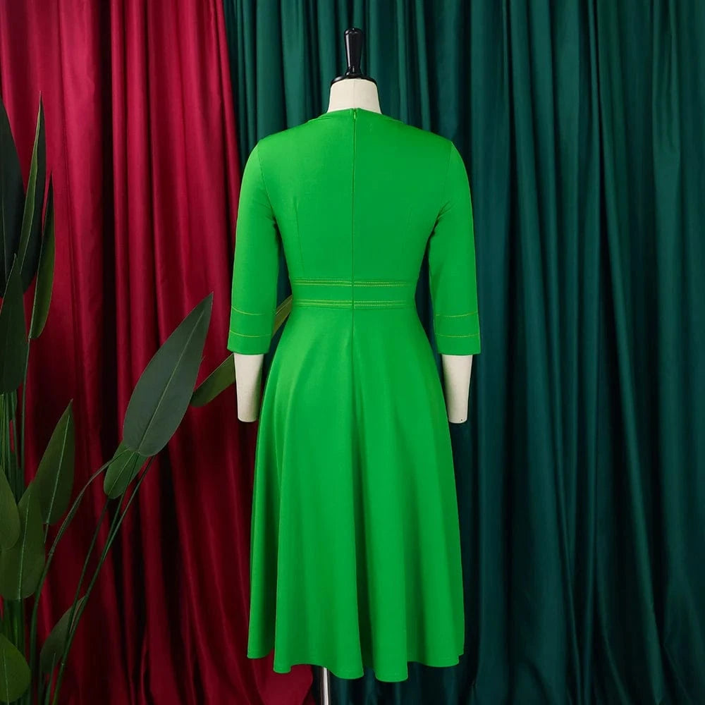 Elegant Party Dresses for Women 2024 Luxury O Neck Three Quarter Sleeve High Waisted Pleated A Line Mid Calf Birthday Dress Robe