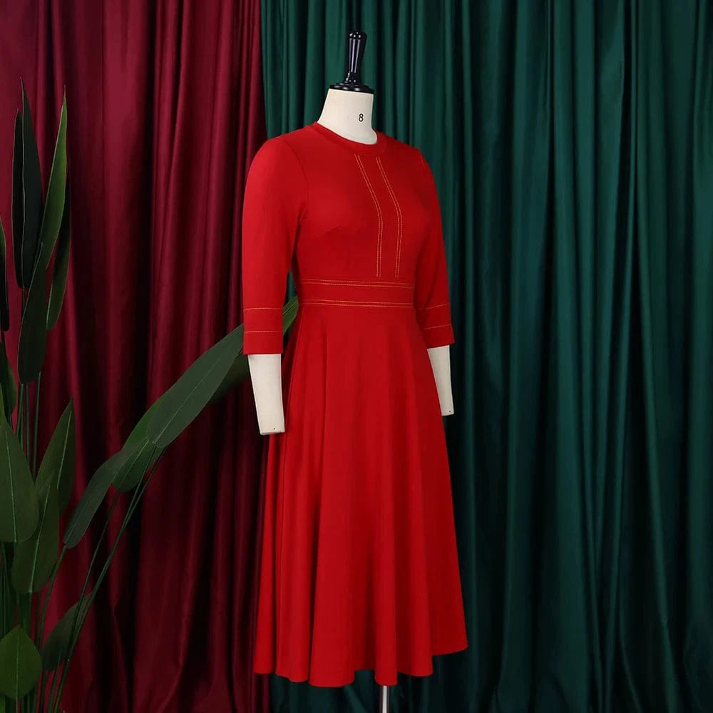 Elegant Party Dresses for Women 2024 Luxury O Neck Three Quarter Sleeve High Waisted Pleated A Line Mid Calf Birthday Dress Robe