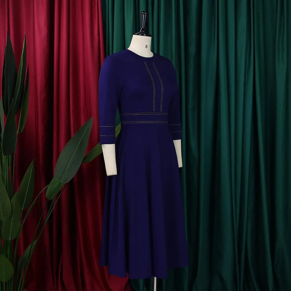 Elegant Party Dresses for Women 2024 Luxury O Neck Three Quarter Sleeve High Waisted Pleated A Line Mid Calf Birthday Dress Robe