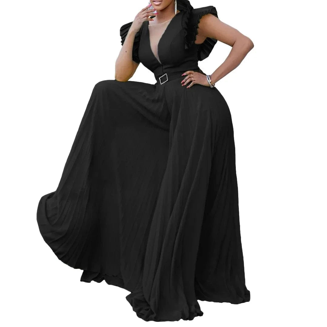 Elegant Pleated Jumpsuits & Rompers for Women V Neck Ruffles Belt Waisted High Waisted Floor Length Luxury Birthday Party Outfit