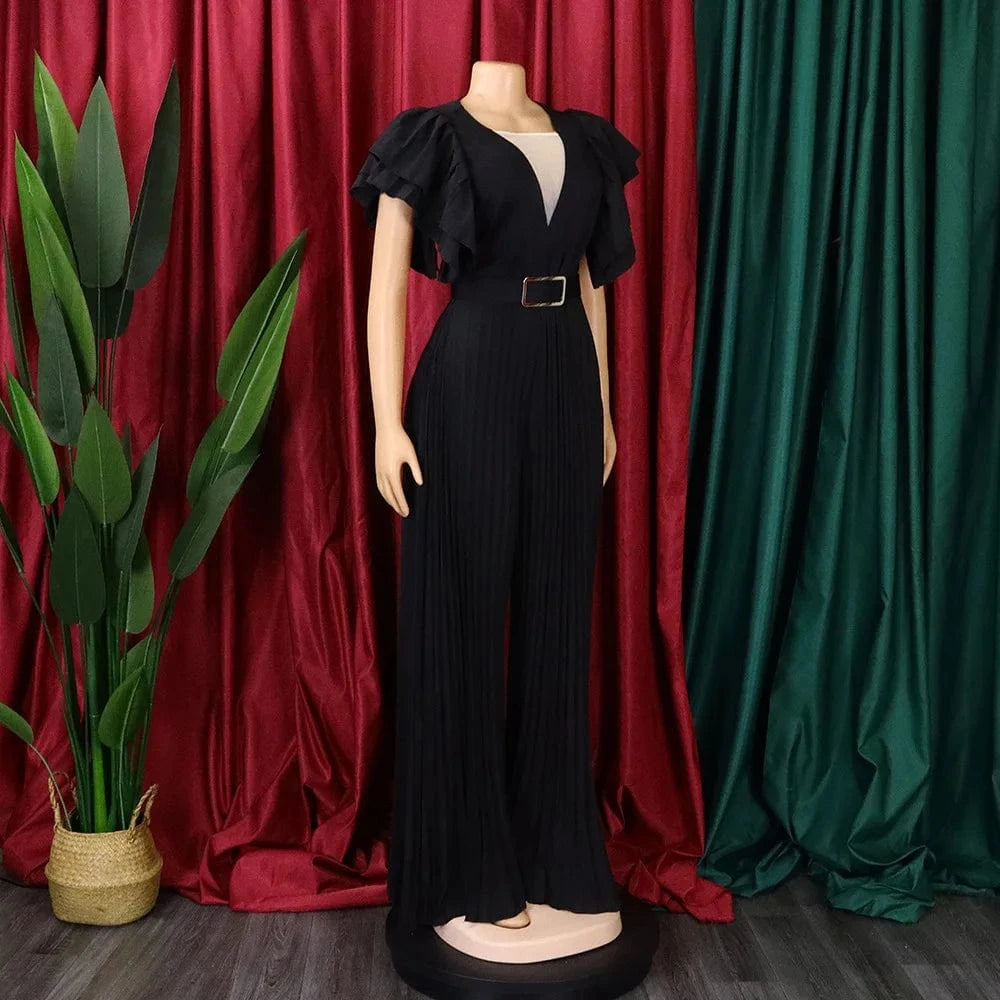 Elegant Pleated Jumpsuits & Rompers for Women V Neck Ruffles Belt Waisted High Waisted Floor Length Luxury Birthday Party Outfit