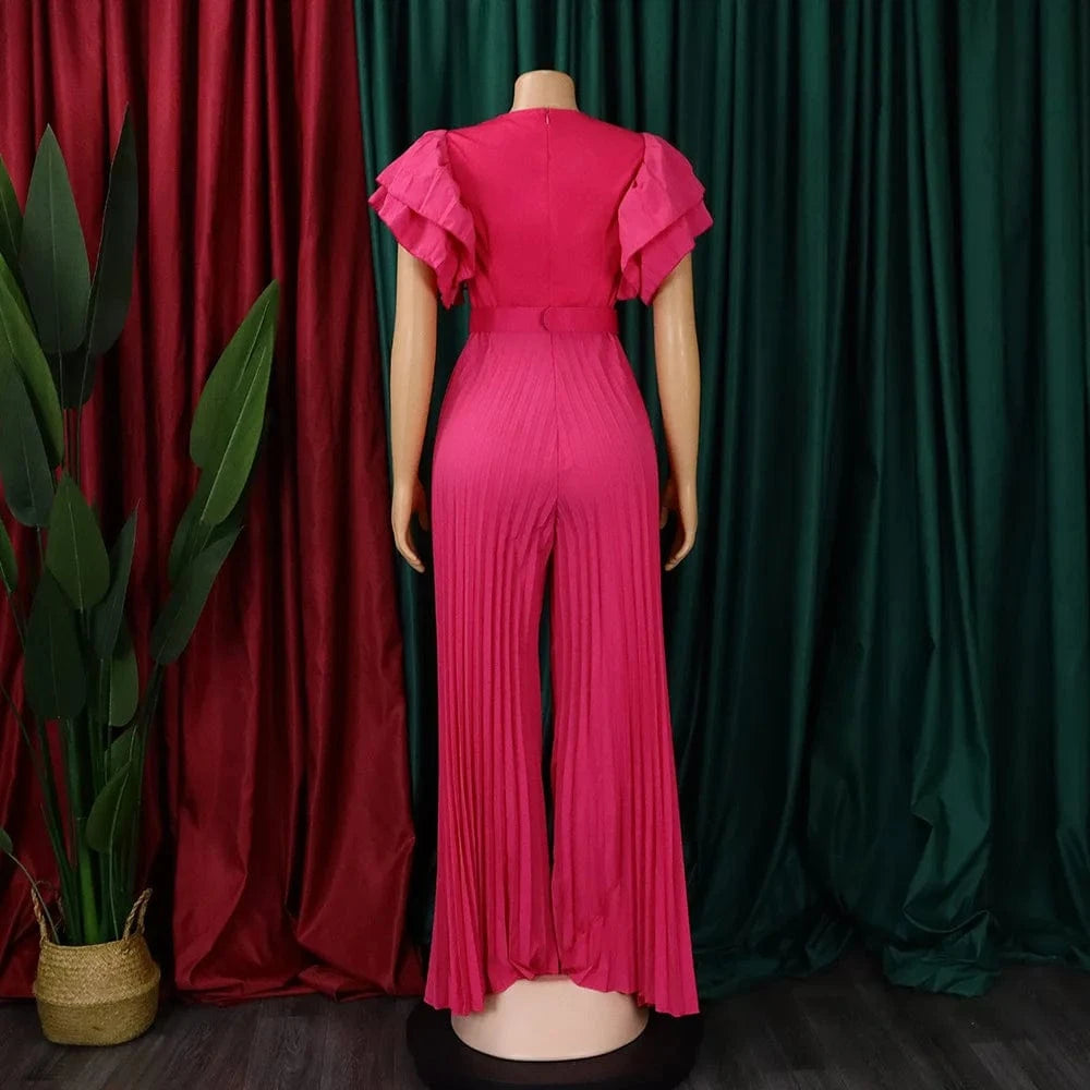 Elegant Pleated Jumpsuits & Rompers for Women V Neck Ruffles Belt Waisted High Waisted Floor Length Luxury Birthday Party Outfit