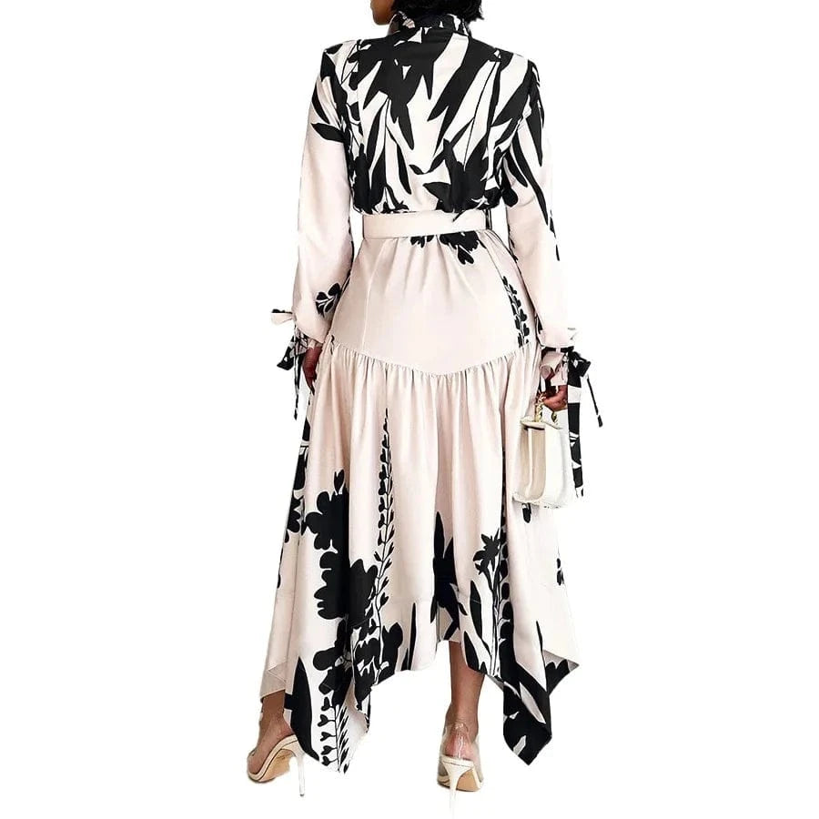 Elegant Printed Dresses Woman 2024 Turn Down Collar Single Breasted Full Sleeve Asymmetric Ankle Length Fashion Birthday Dress