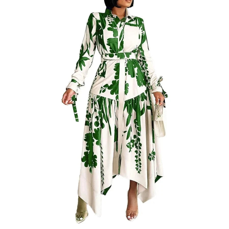 Elegant Printed Dresses Woman 2024 Turn Down Collar Single Breasted Full Sleeve Asymmetric Ankle Length Fashion Birthday Dress