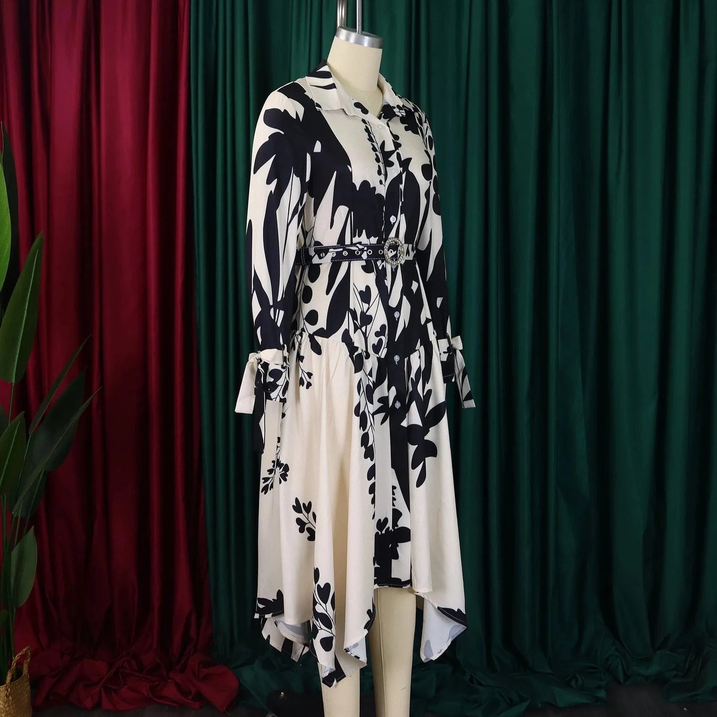 Elegant Printed Dresses Woman 2024 Turn Down Collar Single Breasted Full Sleeve Asymmetric Ankle Length Fashion Birthday Dress