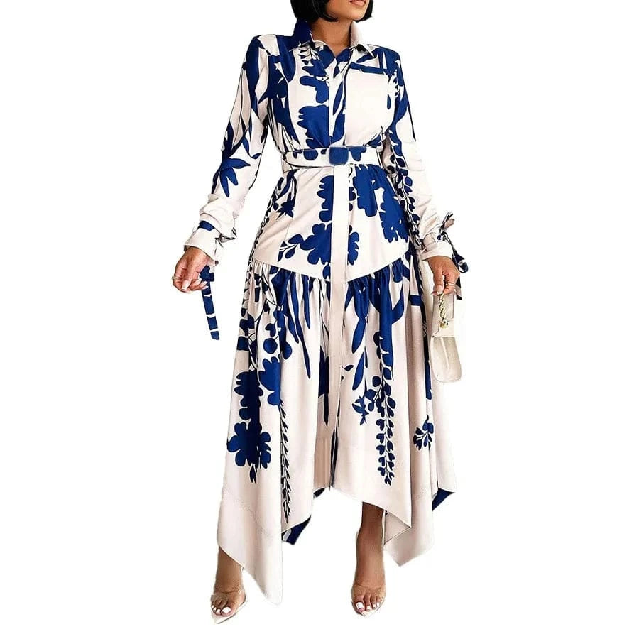 Elegant Printed Dresses Woman 2024 Turn Down Collar Single Breasted Full Sleeve Asymmetric Ankle Length Fashion Birthday Dress