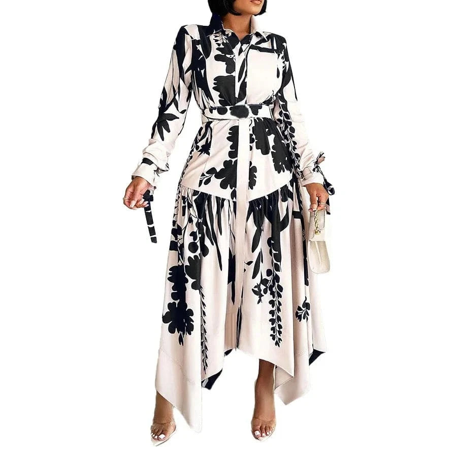 Elegant Printed Dresses Woman 2024 Turn Down Collar Single Breasted Full Sleeve Asymmetric Ankle Length Fashion Birthday Dress