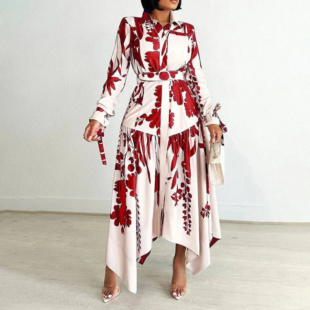 Elegant Printed Dresses Woman 2024 Turn Down Collar Single Breasted Full Sleeve Asymmetric Ankle Length Fashion Birthday Dress