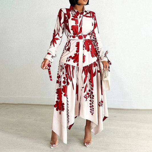 Elegant Printed Dresses Woman 2024 Turn Down Collar Single Breasted Full Sleeve Asymmetric Ankle Length Fashion Birthday Dress