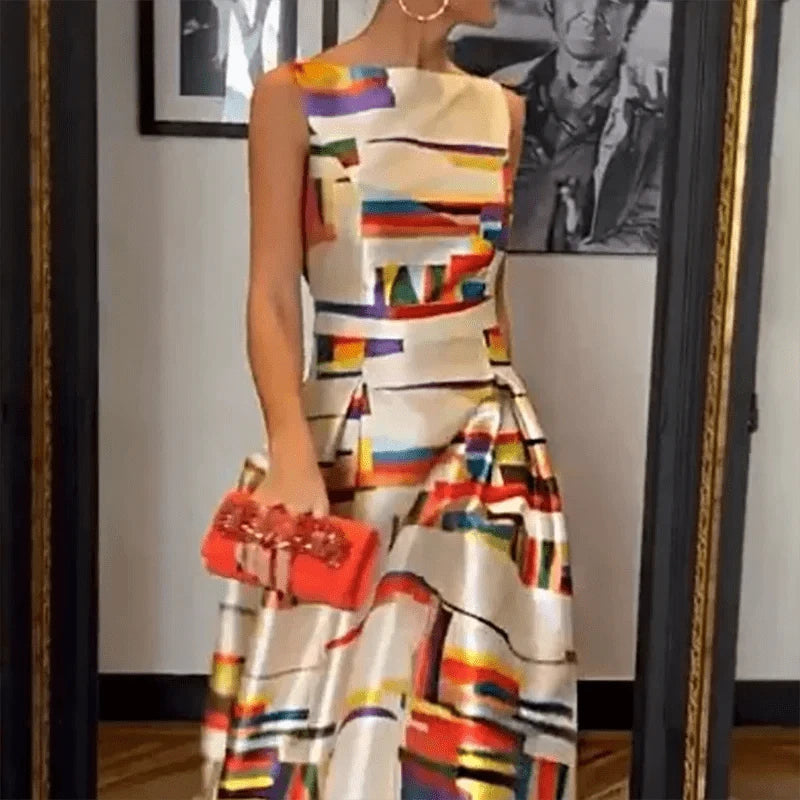 Elegant Printed O-Neck Evening Dress 2023 Sexy Hollow Sleeveless Waist Tank Dress New Casual Pleated Office Long Dress Vestidos