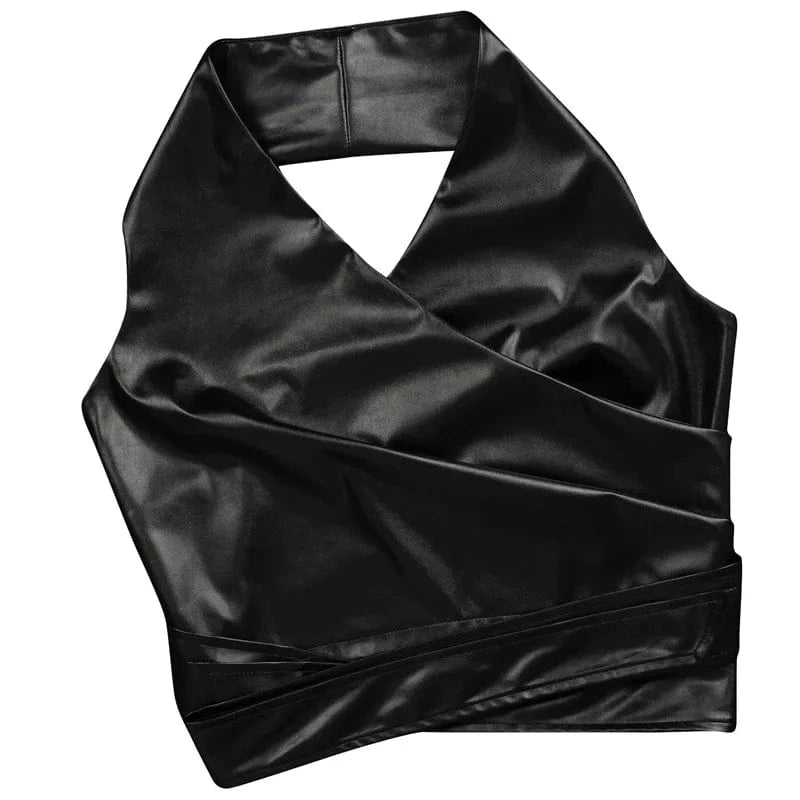 Elegant PU Faux Leather 2 Piece Sets Women Outfit Clubwear Party Halter Backless Crop Top and Wide Leg Pants Matching Sets Y2K