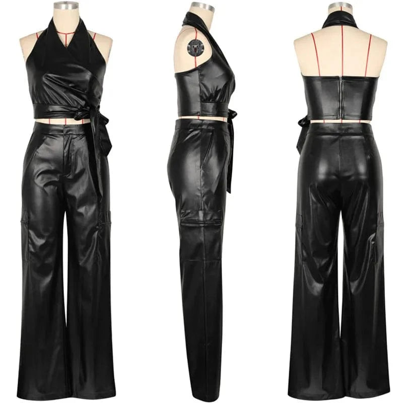 Elegant PU Faux Leather 2 Piece Sets Women Outfit Clubwear Party Halter Backless Crop Top and Wide Leg Pants Matching Sets Y2K