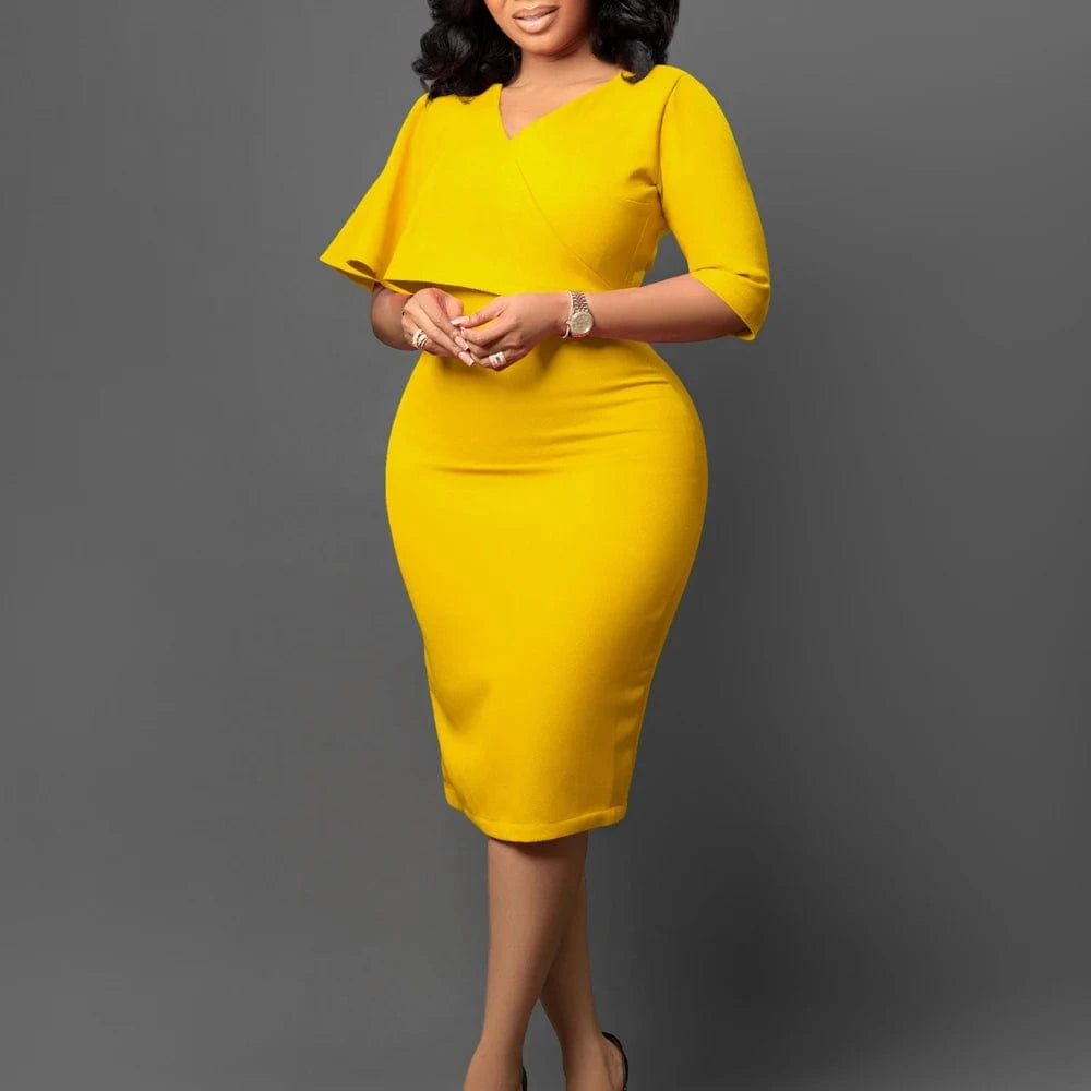 Elegant Ruffle V-Neck Pencil Dress Solid Color Knee-Length Office & Church Wear