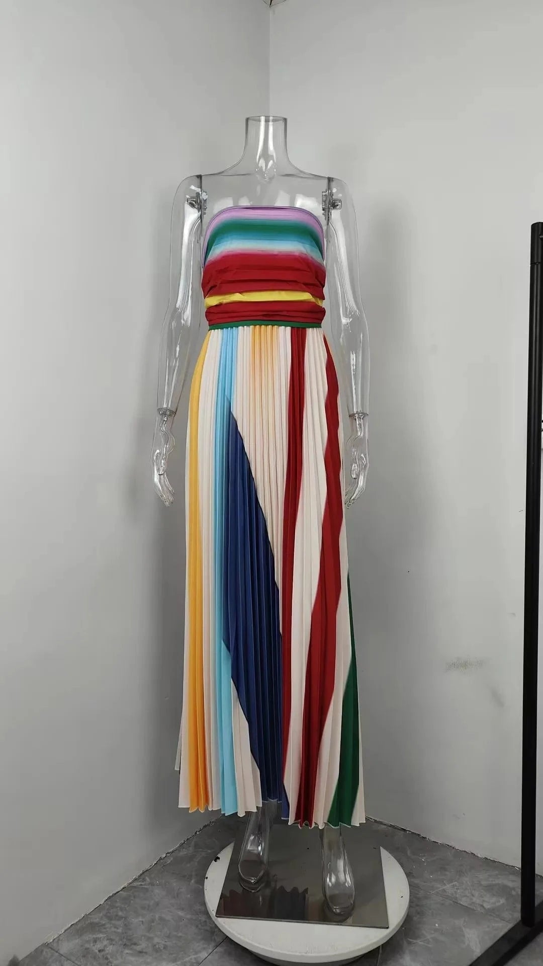 Elegant Sexy Off Shoulder Tube Tops Colorful Stripes Maxi Dress Women Sleeveless Color Collision Wrinkles Irregular Party Dress