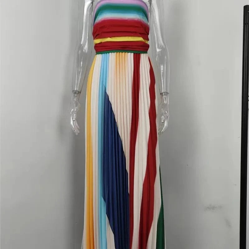 Elegant Sexy Off Shoulder Tube Tops Colorful Stripes Maxi Dress Women Sleeveless Color Collision Wrinkles Irregular Party Dress