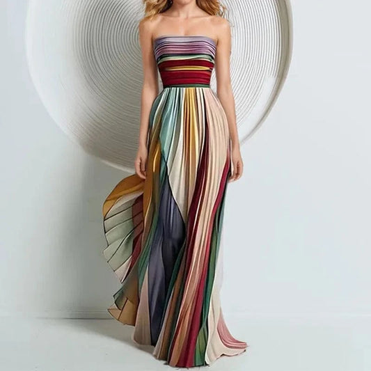 Elegant Sexy Off Shoulder Tube Tops Colorful Stripes Maxi Dress Women Sleeveless Color Collision Wrinkles Irregular Party Dress