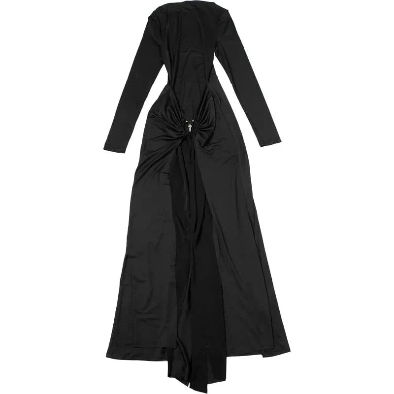 Elegant Solid Buckle Bandage Slim Maxi Dress for Women Autumn Long Sleeve Bodycon Holidays Party Dress Lady Casual Dress