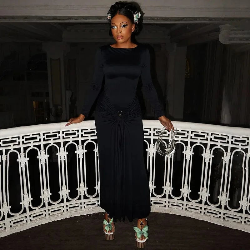 Elegant Solid Buckle Bandage Slim Maxi Dress for Women Autumn Long Sleeve Bodycon Holidays Party Dress Lady Casual Dress