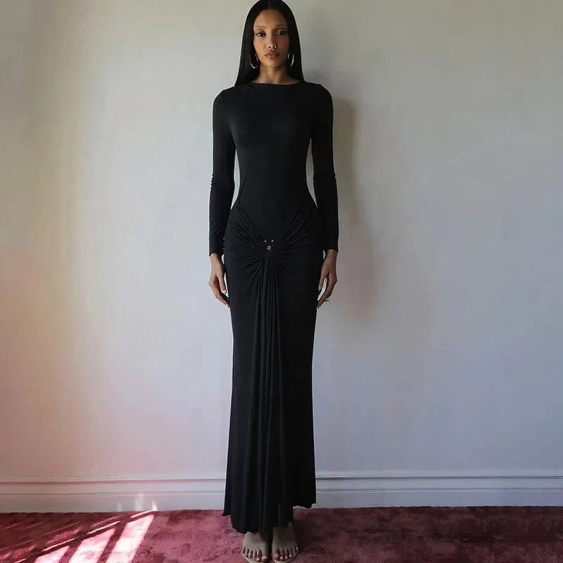 Elegant Solid Buckle Bandage Slim Maxi Dress for Women Autumn Long Sleeve Bodycon Holidays Party Dress Lady Casual Dress