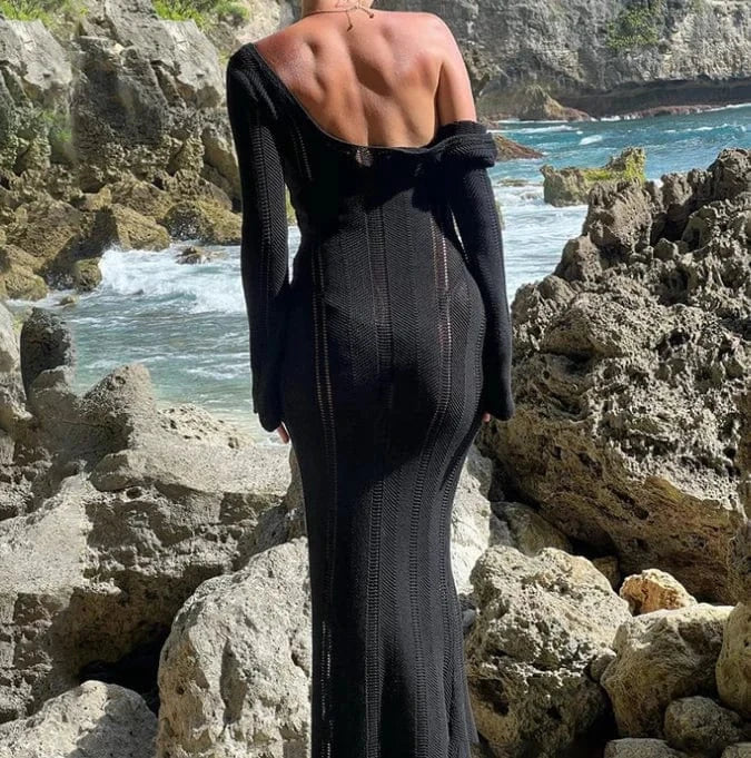 Elegant Solid Knit Long Dress Cut Out 2024 Sexy Backless Slim Women Dress Bodycon