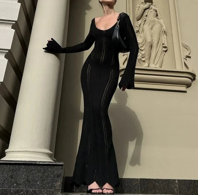 Elegant Solid Knit Long Dress Cut Out 2024 Sexy Backless Slim Women Dress Bodycon