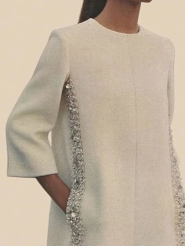 Elegant White Dresses Pretty Dress Spring Autumn Fashion Long Sleeves Loose Sequined Solid Color Luxury Round-neck Mini Dresses