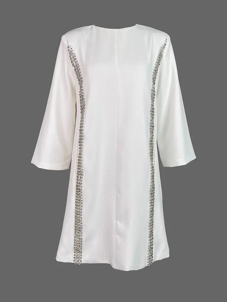 Elegant White Dresses Pretty Dress Spring Autumn Fashion Long Sleeves Loose Sequined Solid Color Luxury Round-neck Mini Dresses