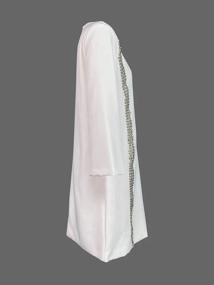Elegant White Dresses Pretty Dress Spring Autumn Fashion Long Sleeves Loose Sequined Solid Color Luxury Round-neck Mini Dresses
