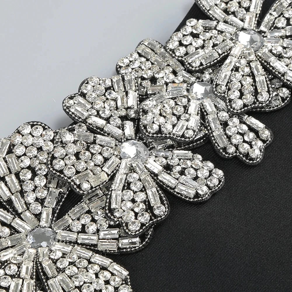 Elegant Women's Black Strapless Crop Top Rhinestone Floral Skirt Two-piece Gown Ideal for Party Fashionable Glamorous Choice