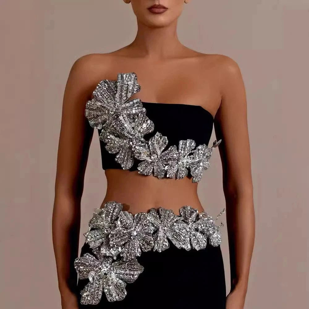 Elegant Women's Black Strapless Crop Top Rhinestone Floral Skirt Two-piece Gown Ideal for Party Fashionable Glamorous Choice