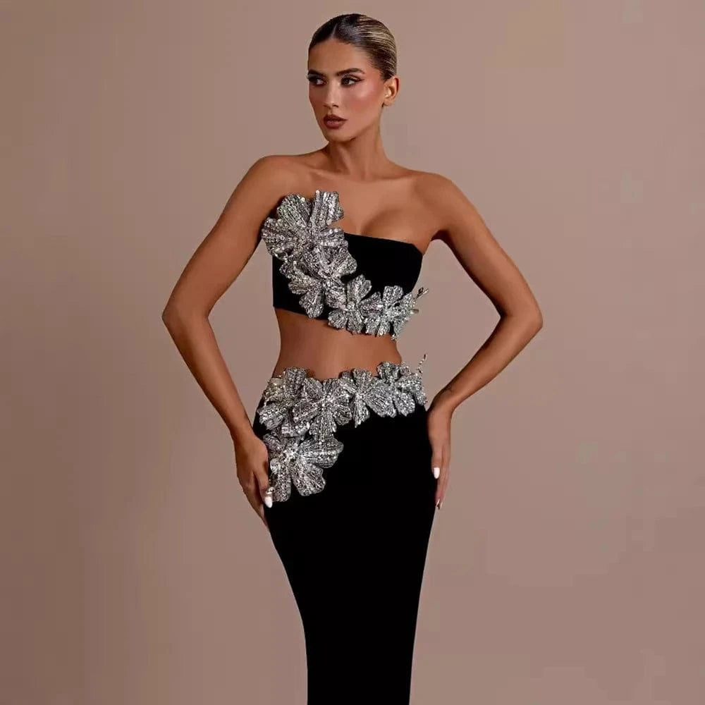 Elegant Women's Black Strapless Crop Top Rhinestone Floral Skirt Two-piece Gown Ideal for Party Fashionable Glamorous Choice