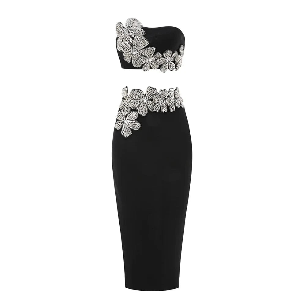 Elegant Women's Black Strapless Crop Top Rhinestone Floral Skirt Two-piece Gown Ideal for Party Fashionable Glamorous Choice