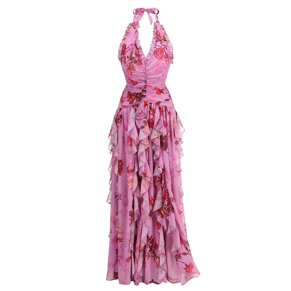 Elegant Women's Halter Floral Print Maxi Dress High Slit Flowy Summer Party Wear Fashionable Ruched Bodice Deep V-Neck Design