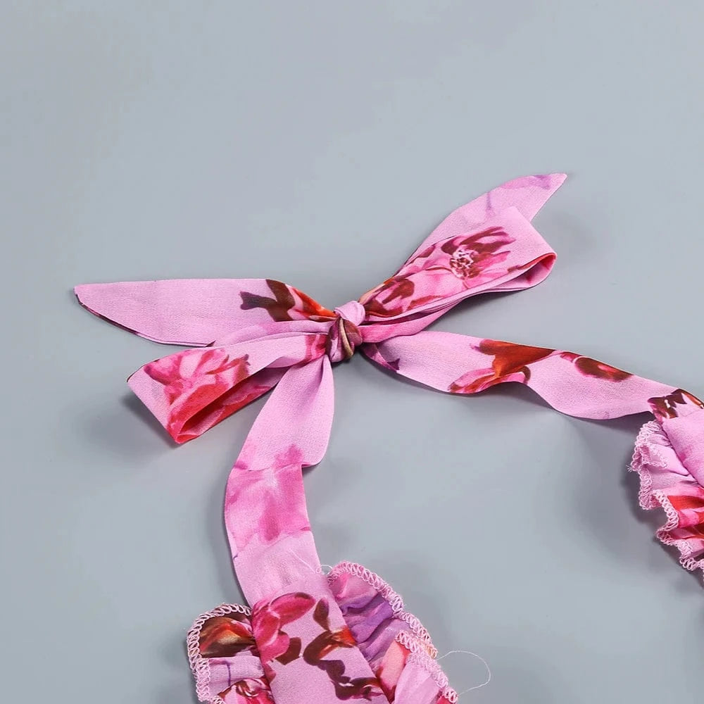 Elegant Women's Halter Floral Print Maxi Dress High Slit Flowy Summer Party Wear Fashionable Ruched Bodice Deep V-Neck Design