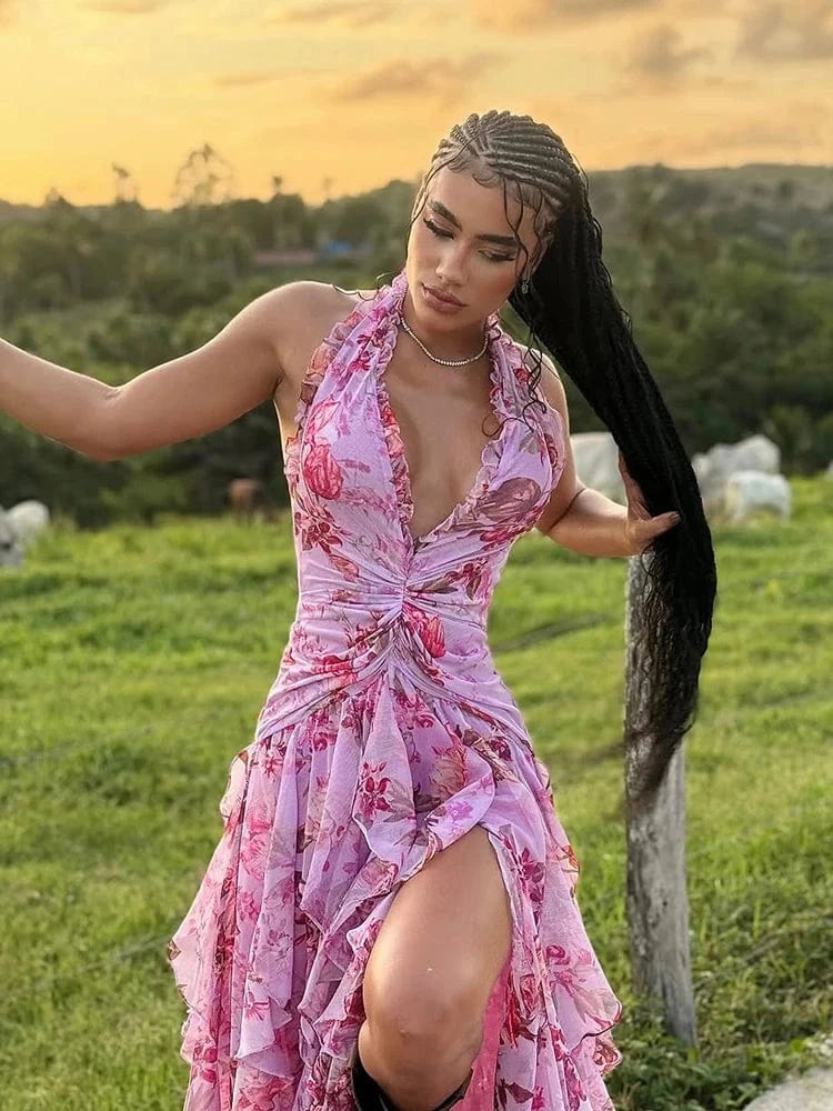 Elegant Women's Halter Floral Print Maxi Dress High Slit Flowy Summer Party Wear Fashionable Ruched Bodice Deep V-Neck Design