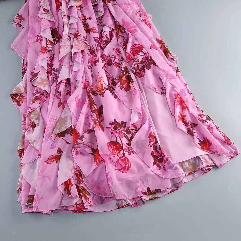 Elegant Women's Halter Floral Print Maxi Dress High Slit Flowy Summer Party Wear Fashionable Ruched Bodice Deep V-Neck Design