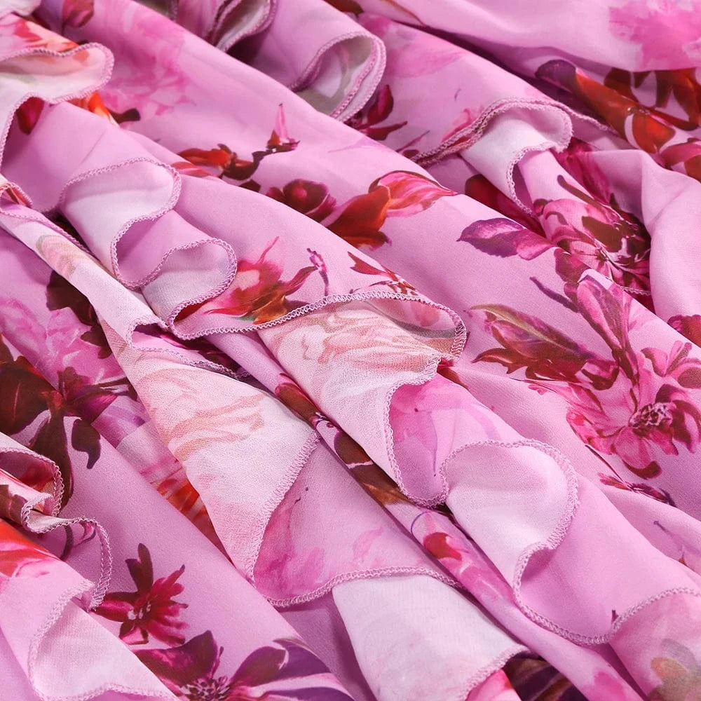 Elegant Women's Halter Floral Print Maxi Dress High Slit Flowy Summer Party Wear Fashionable Ruched Bodice Deep V-Neck Design