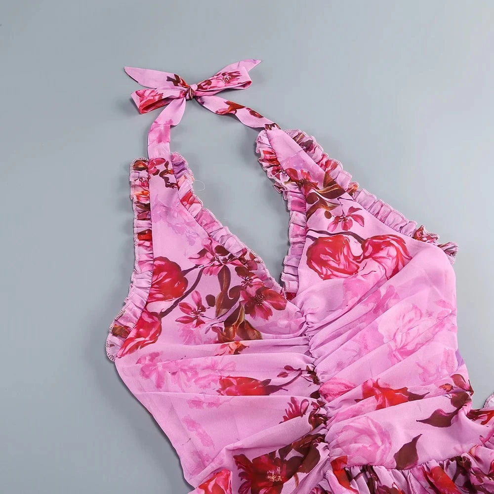 Elegant Women's Halter Floral Print Maxi Dress High Slit Flowy Summer Party Wear Fashionable Ruched Bodice Deep V-Neck Design