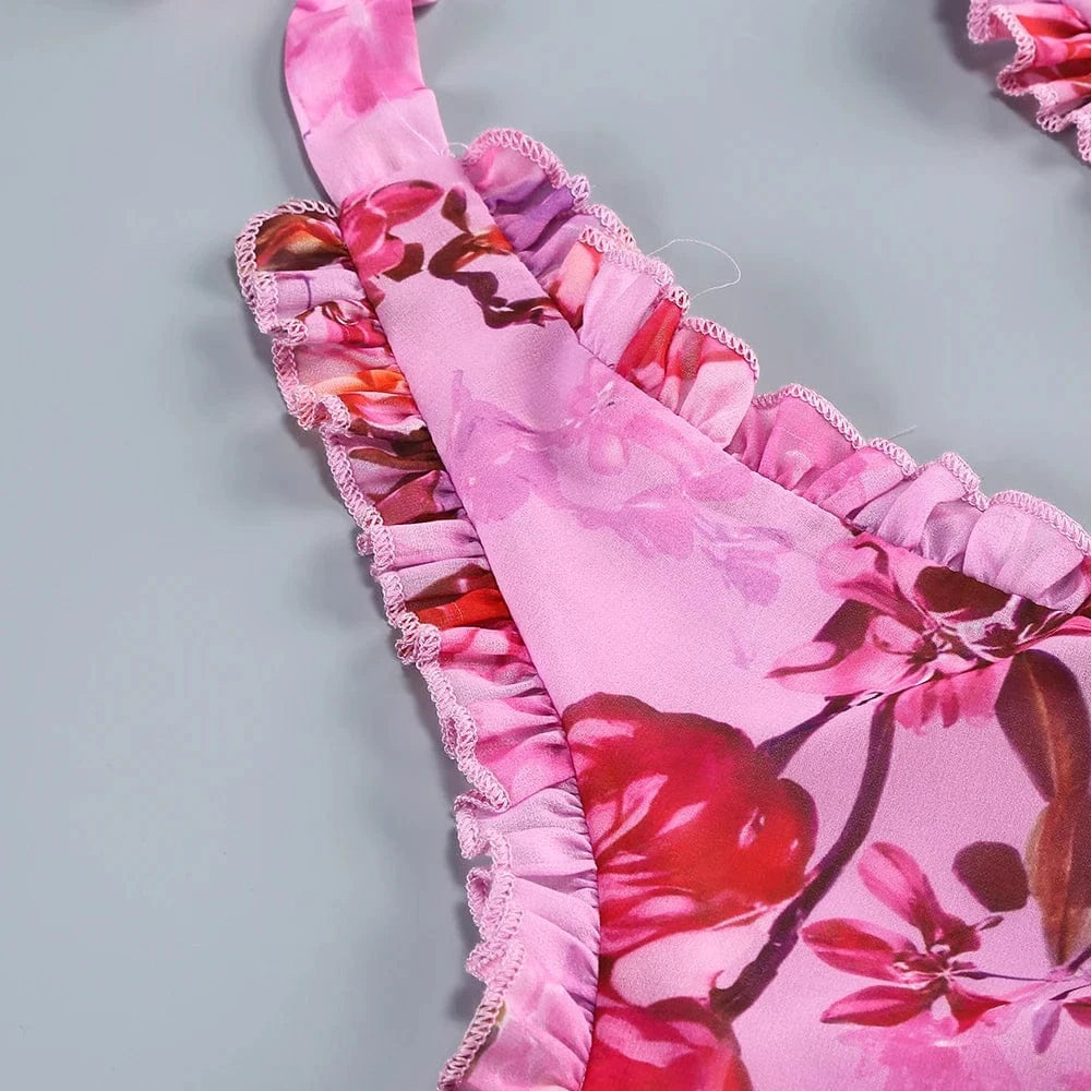 Elegant Women's Halter Floral Print Maxi Dress High Slit Flowy Summer Party Wear Fashionable Ruched Bodice Deep V-Neck Design