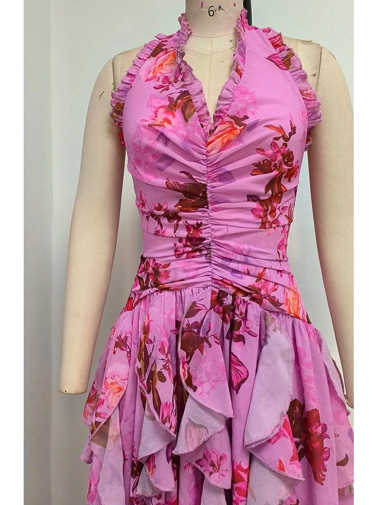 Elegant Women's Halter Floral Print Maxi Dress High Slit Flowy Summer Party Wear Fashionable Ruched Bodice Deep V-Neck Design