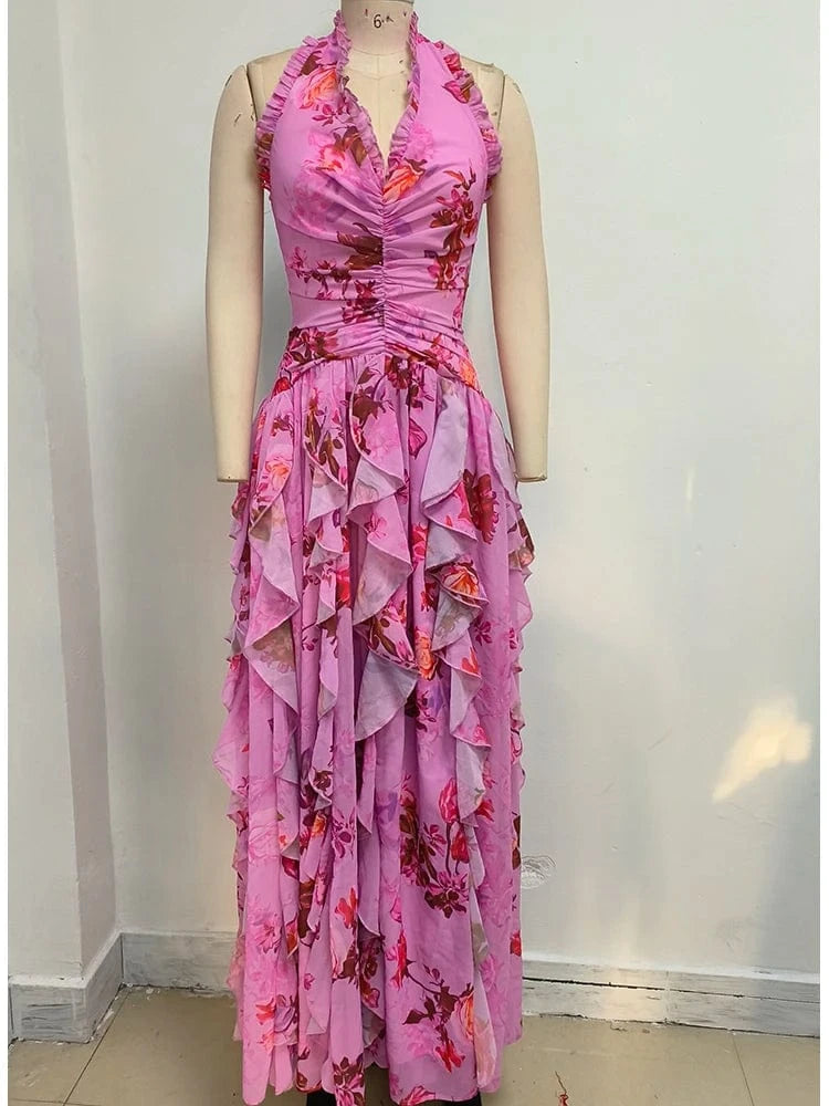 Elegant Women's Halter Floral Print Maxi Dress High Slit Flowy Summer Party Wear Fashionable Ruched Bodice Deep V-Neck Design
