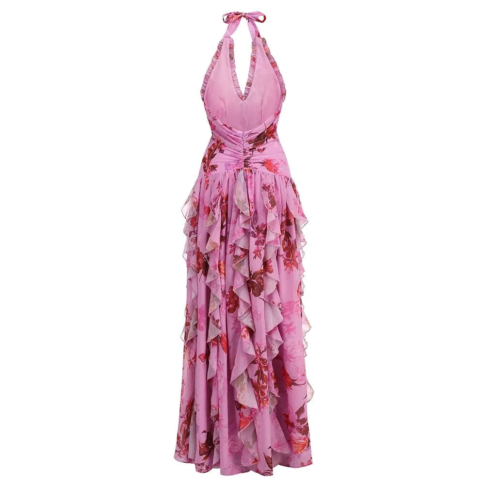 Elegant Women's Halter Floral Print Maxi Dress High Slit Flowy Summer Party Wear Fashionable Ruched Bodice Deep V-Neck Design