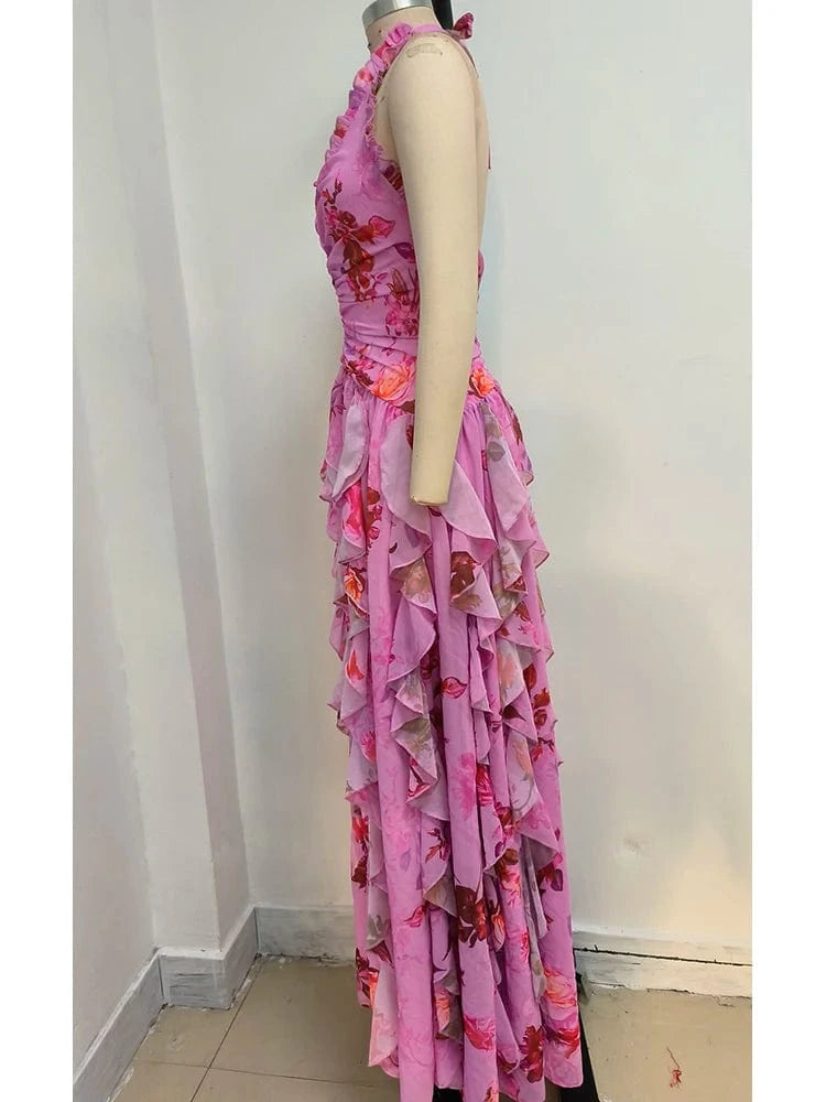 Elegant Women's Halter Floral Print Maxi Dress High Slit Flowy Summer Party Wear Fashionable Ruched Bodice Deep V-Neck Design