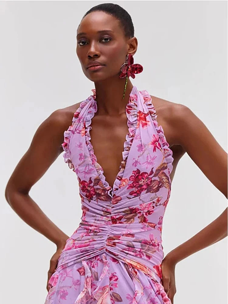 Elegant Women's Halter Floral Print Maxi Dress High Slit Flowy Summer Party Wear Fashionable Ruched Bodice Deep V-Neck Design