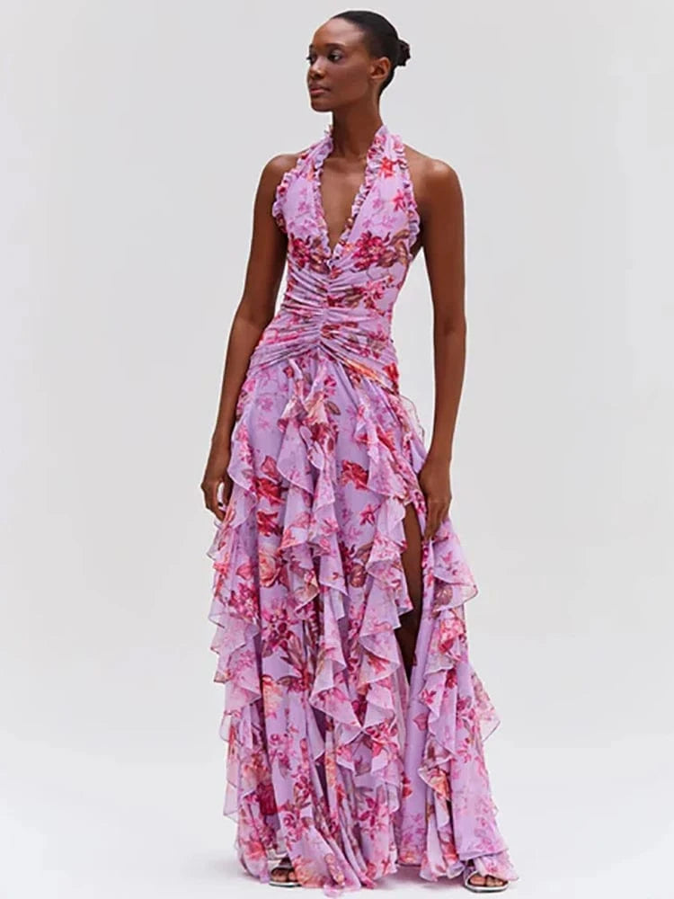 Elegant Women's Halter Floral Print Maxi Dress High Slit Flowy Summer Party Wear Fashionable Ruched Bodice Deep V-Neck Design