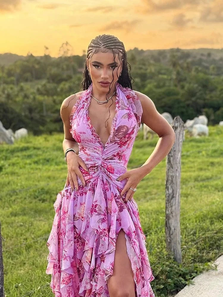 Elegant Women's Halter Floral Print Maxi Dress High Slit Flowy Summer Party Wear Fashionable Ruched Bodice Deep V-Neck Design